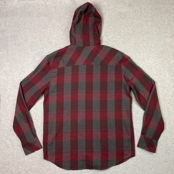 Triple Five Soul Mens L Hooded Shirt Long Sleeve Button Up Red Grey Plaid - Picture 7 of 9